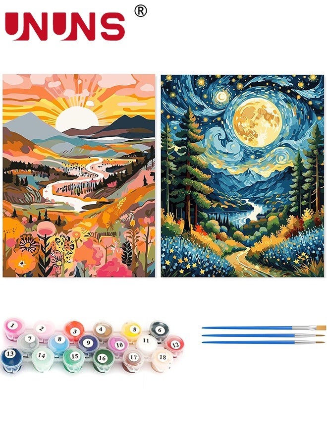 UNUNS 2Pcs Paint by Numbers Kit for Beginners,Starry Sky Canvas for Painting Kits for Adults in Colorful Box(Without Frame),Sun and Mountain,40X50CM - Image 1